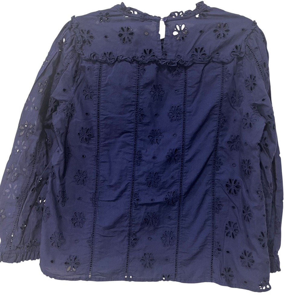 J.Crew Ruffle Eyelet Long Sleeve Top Navy Medium Coastal Grandmother A7 - Picture 5 of 6